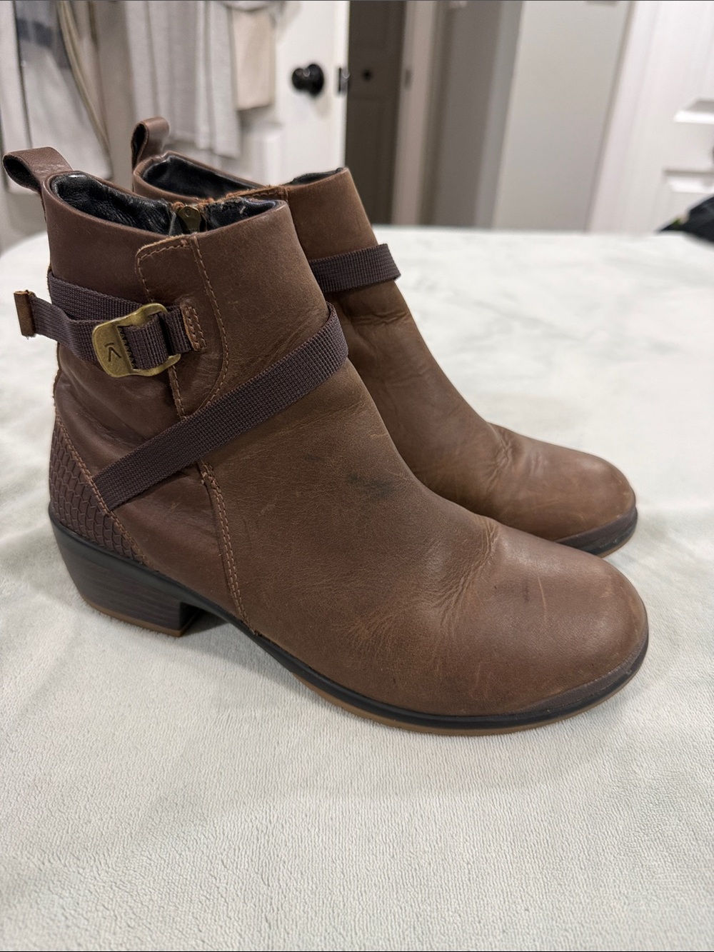 Keen Brown Leather Ankle Booties with Buckle Strap